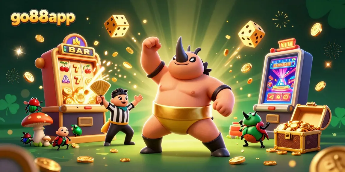 Experience the excitement of go88app with a dynamic 3D illustration of a sumo champion beetle amidst a jackpot explosion.