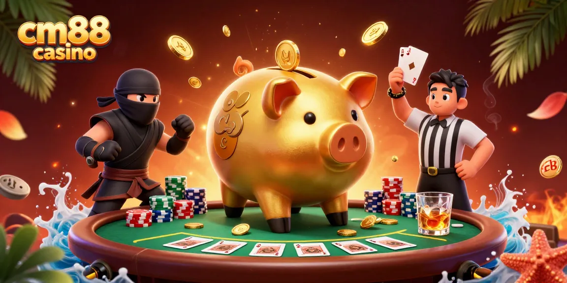Engage with cm88 casino excitement through a vibrant illustration featuring a golden piggy bank wrestler surrounded by gaming action!