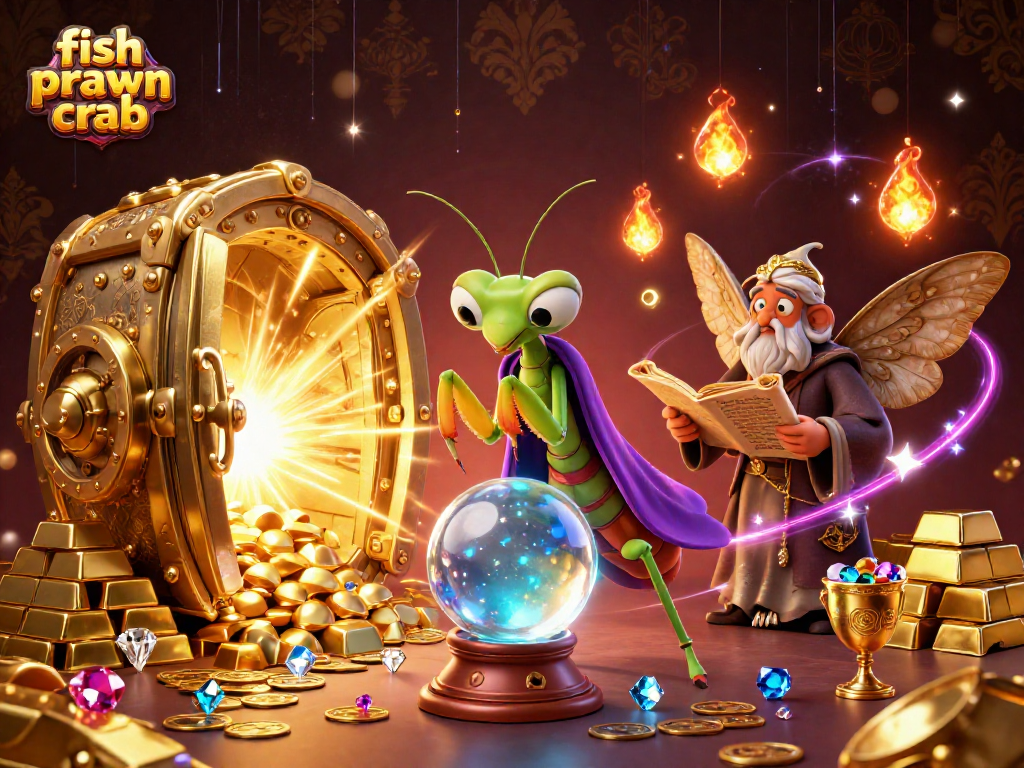 Spin and win with fish prawn crab in a vibrant, mystical casino-themed 3D illustration.
