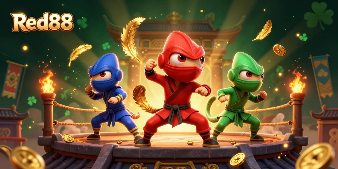 Red88 chameleons showcase their martial arts skills amidst golden coins and thrilling gaming action.