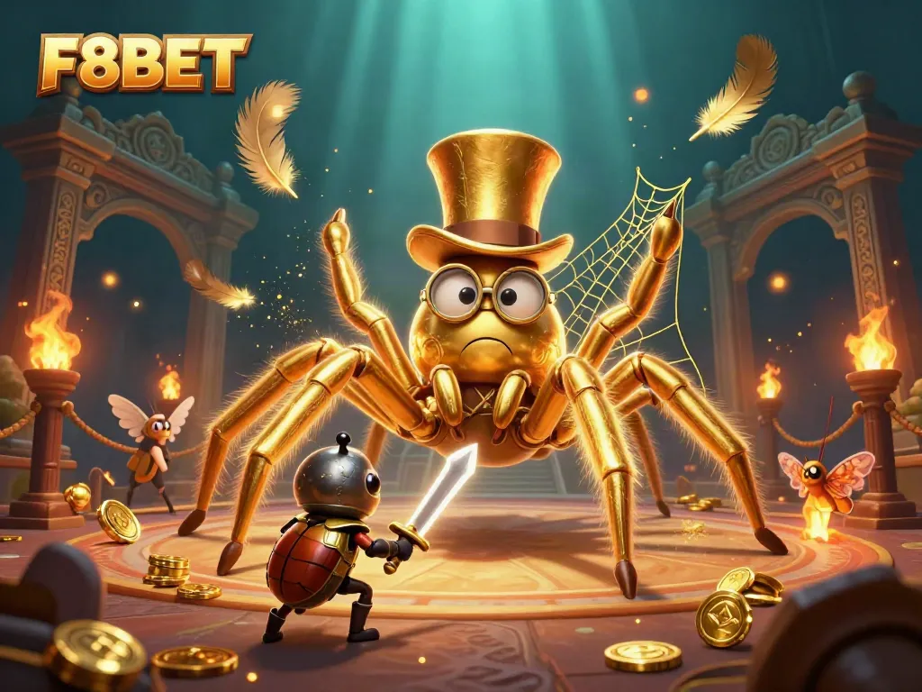 F8BET created a vibrant casino scene featuring a golden tarantula, a brave beetle, and moth spectators.