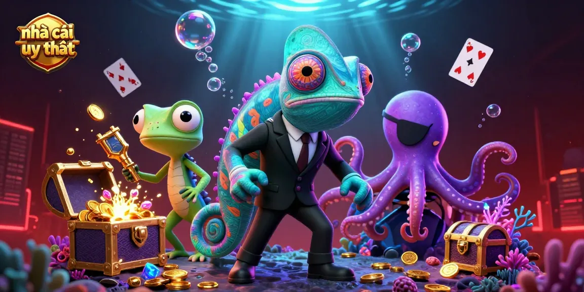 Exciting scene showcasing nhà cái uy tín with chameleon and characters amidst vibrant casino elements.