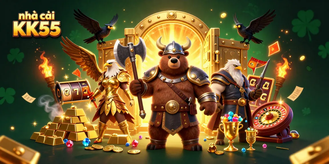 Action-packed scene showcasing nhà cái KK55 with epic Viking characters and gold treasures in a casino setting.