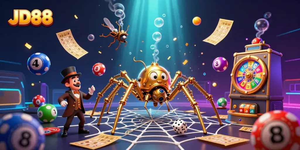 Engage with JD88 at a steampunk casino scene showcasing a golden spider capturing dice, surrounded by vibrant game elements.