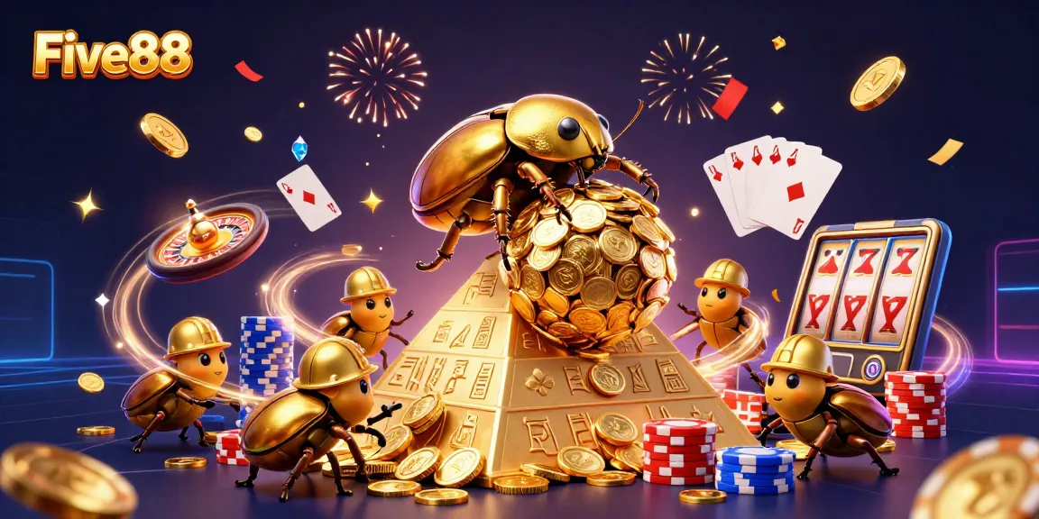 Experience thrilling gameplay with Five88 as golden beetles roll a jackpot of coins in this vibrant casino illustration.