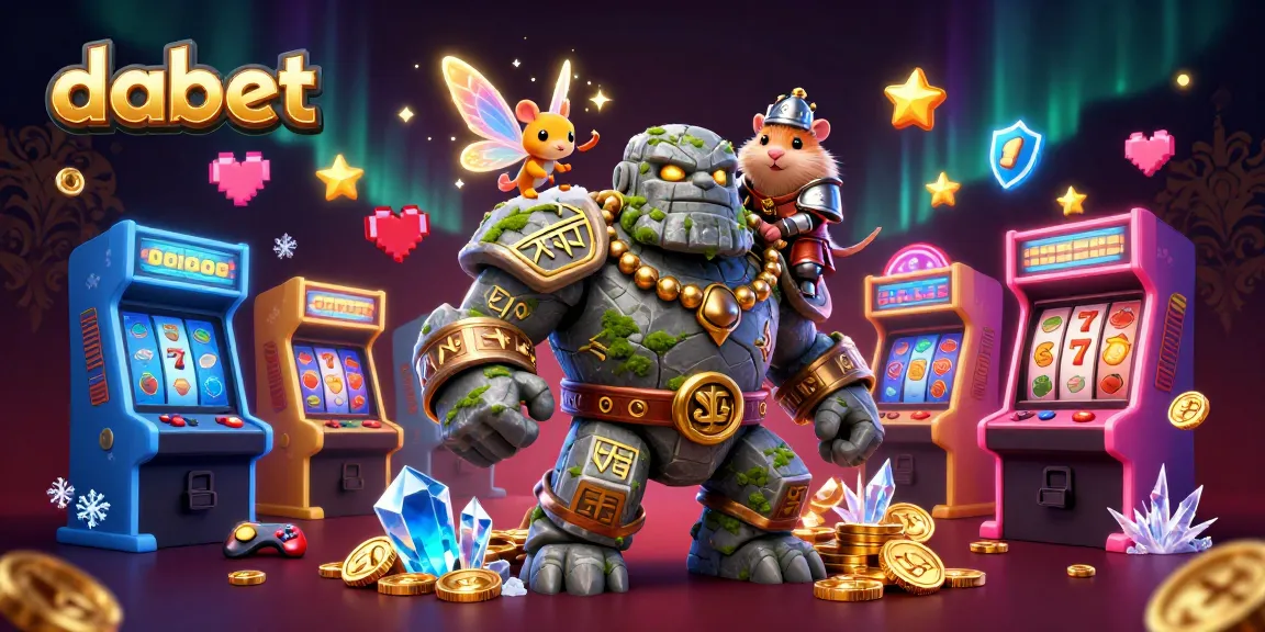dabet showcases a vibrant casino scene with a stone golem and a hamster knight amidst slot machines.