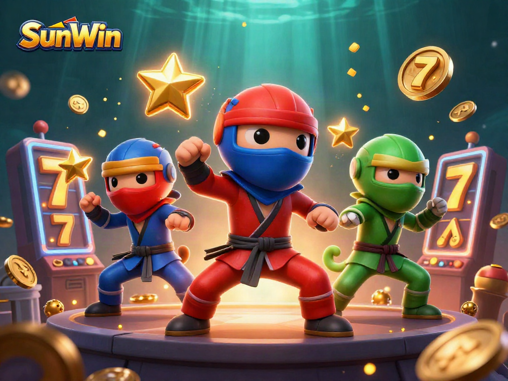 SunWin showcases a dynamic 3D ninja chameleon team with vibrant casino elements in action.