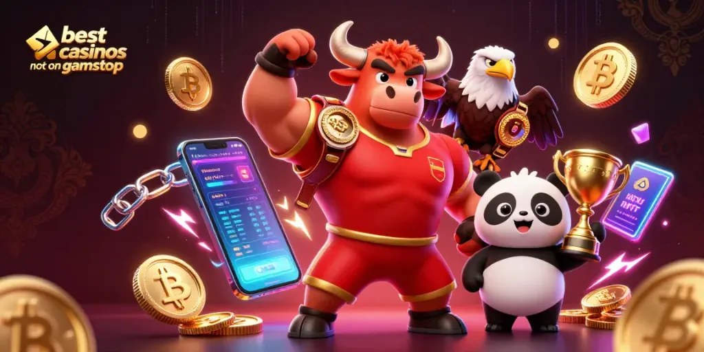 Win big at the best casinos not on gamstop featuring a vibrant 3D bull, eagle, and panda.
