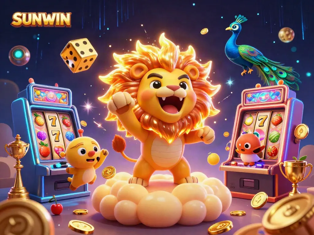 Experience thrilling moments at SUNWIN with a dynamic 3D scene of a roaring sun lion and vibrant slot machines.
