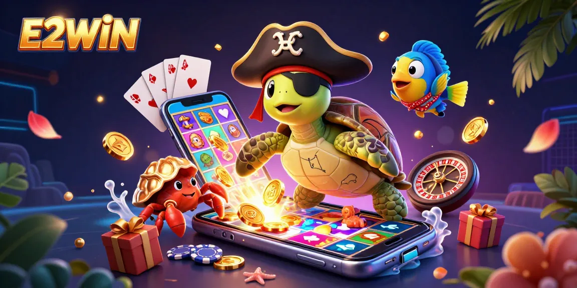 E2WIN offers an exciting scene with a pirate turtle, treasure, and casino elements like poker chips and slot games.