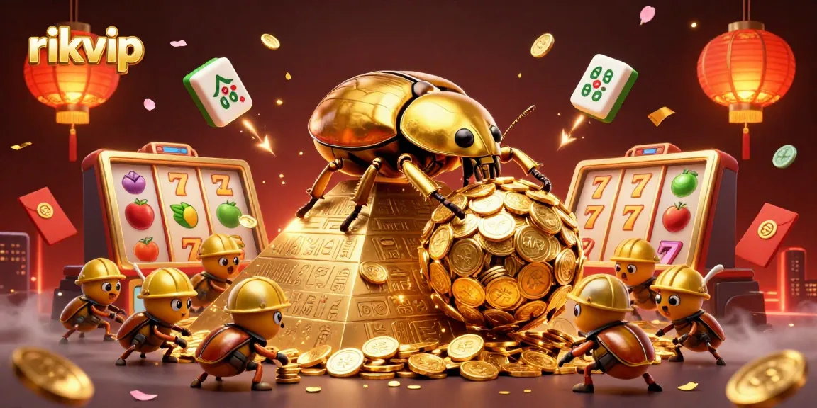 Experience rikvip's vibrant gaming atmosphere with golden beetles rolling coins and slot symbols.