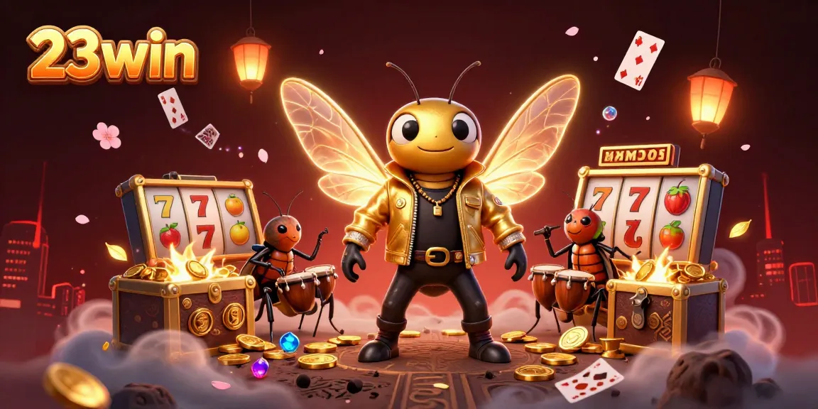 Engage with the vibrant world of 23win while experiencing an electric gaming scene filled with slots and golden treasures.