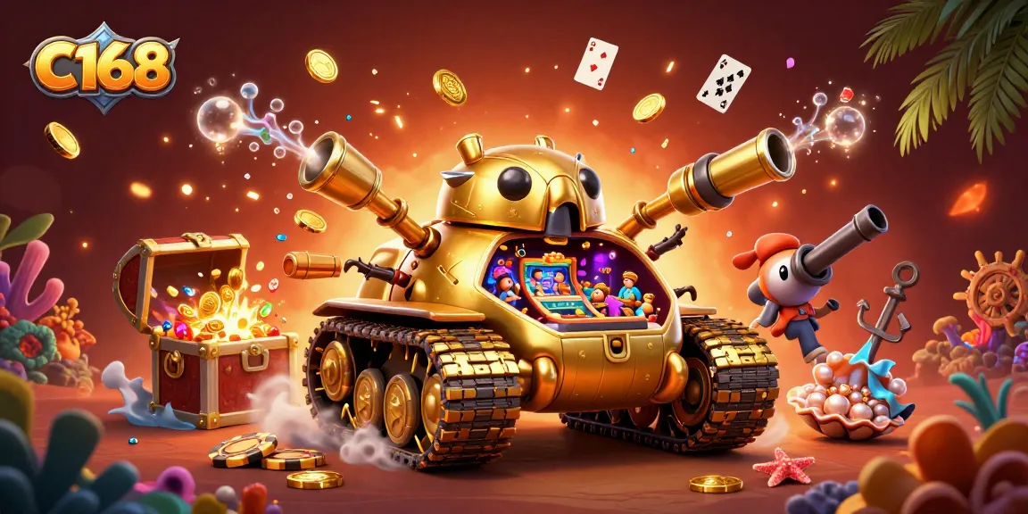 C168 casino adventure with a golden beetle tank revealing a miniature casino, creating excitement through confetti and gold coin cannons.