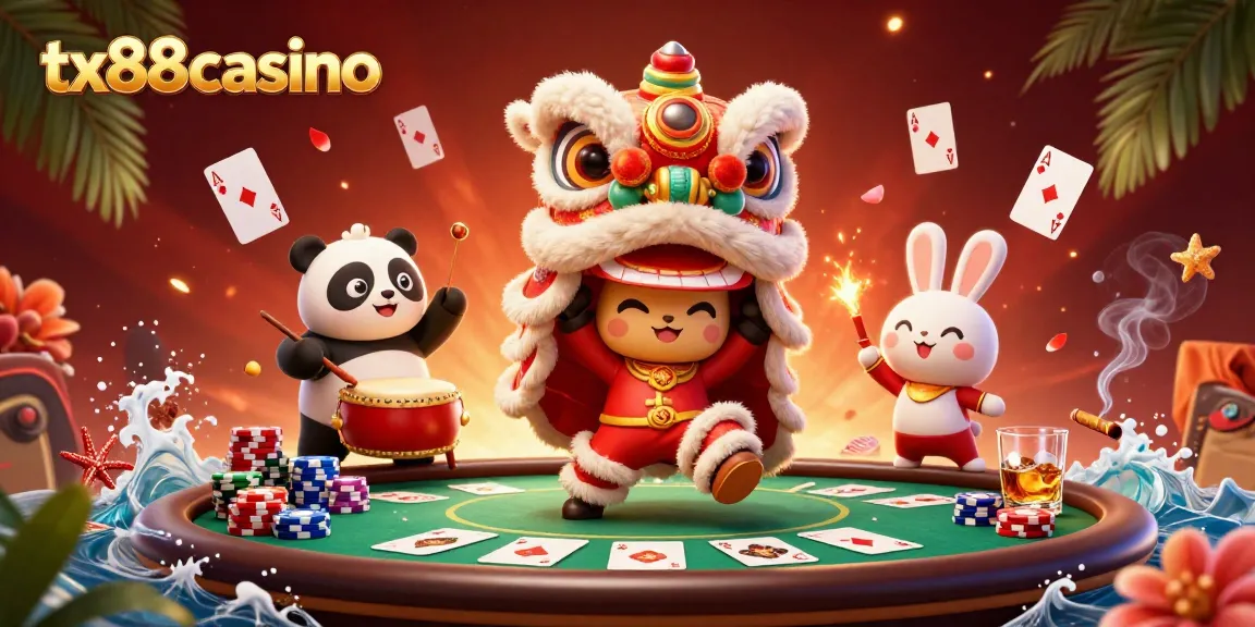 Experience excitement at tx88casino with a vibrant lion dance and poker table scene.