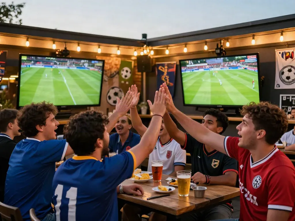 Fans enjoying live football at Gavangtv, cheering and celebrating together.