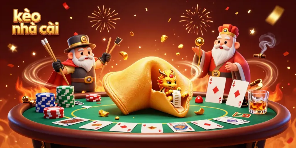 Engage with the exciting world of kèo nhà cái, illustrated in 3D with golden fortune cookies and poker elements.