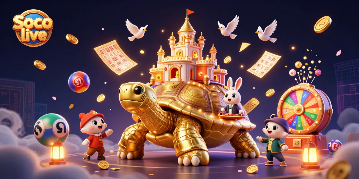 Soco live offers vibrant 3D illustration of a cartoon casino world with golden coins and exciting game elements.
