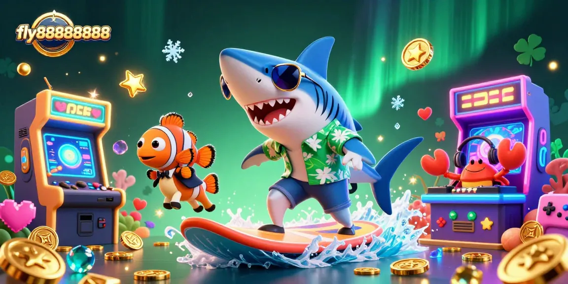 Surf the gold coin wave with fly88888888’s shark, clownfish, and DJ crab in a rich casino scene.