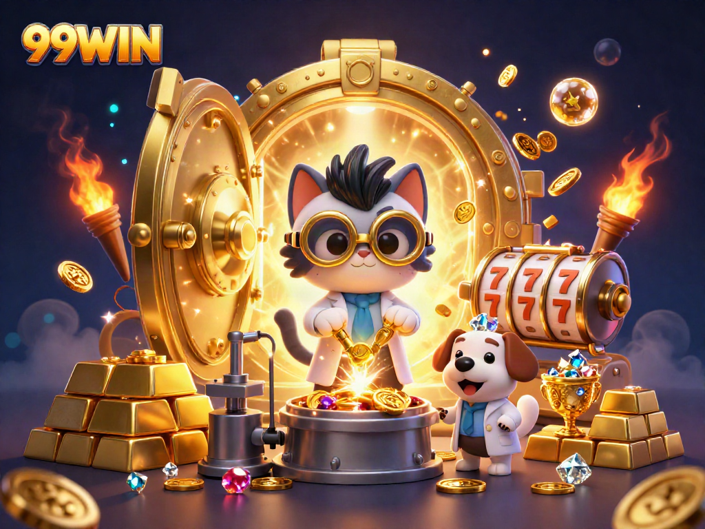 Spin the reels at 99WIN with a vibrant casino scene full of gold and jackpots.
