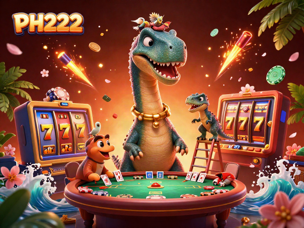 Experience the rich world of PH222 with a whimsical brontosaurus and clever raptor amidst vibrant casino themes.