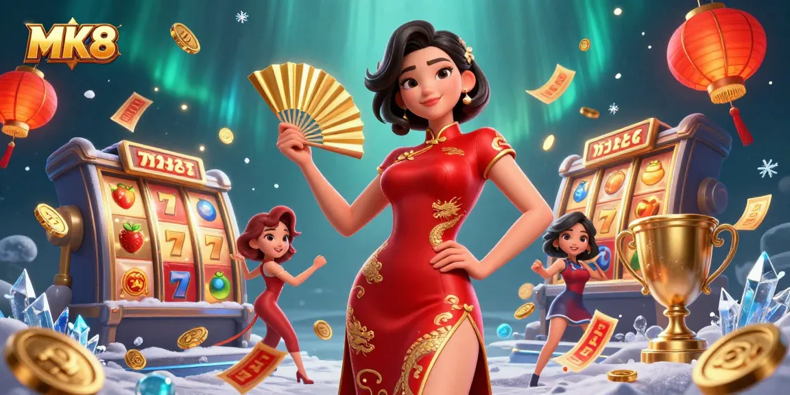 Play and win big with MK8 in this vibrant online casino scene filled with slots and gold coins.