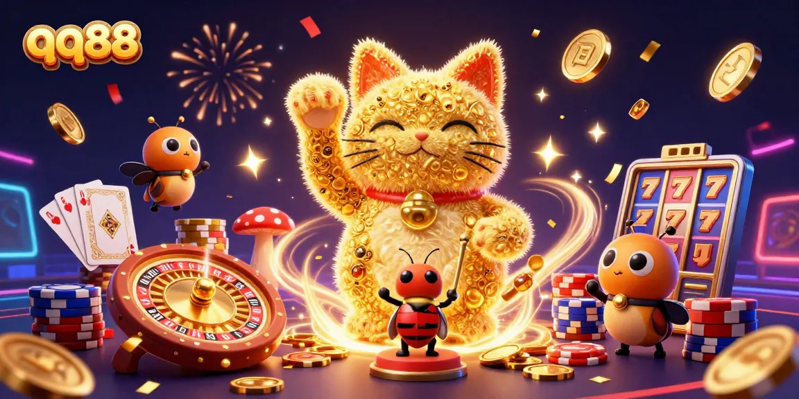 Win big with qq88's vibrant casino scene featuring a lucky cat and golden fireflies.