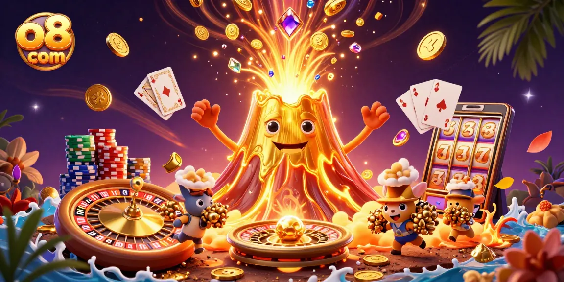 Experience epic wins at o8 com, featuring a 3D golden volcano erupting with treasure during thrilling casino play.