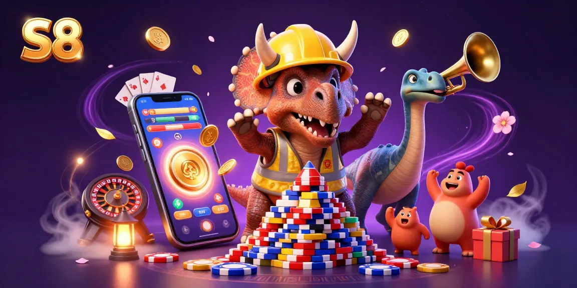 S8 celebrates sports betting with a 3D triceratops and friends building poker chip towers.
