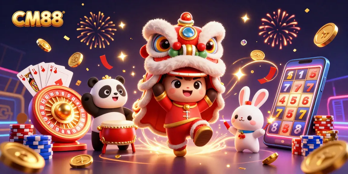 Experience the excitement of CM88 with dynamic 3D casino elements, featuring lucky symbols and festive characters.