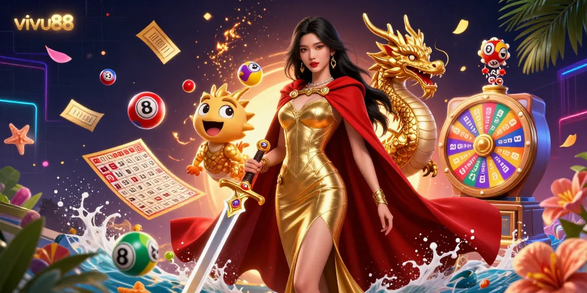 Engage with vivu88's vibrant gaming scene featuring a warrior queen, golden dragon, and lottery elements.
