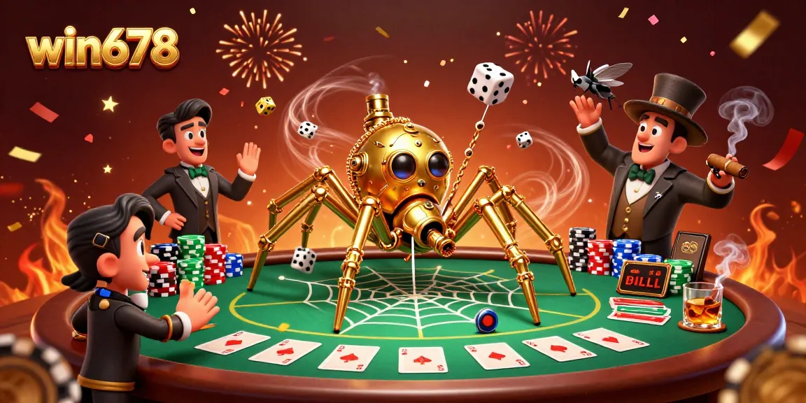 Engage with the dynamic win678 online casino scene featuring steampunk elements, poker action, and festive details.