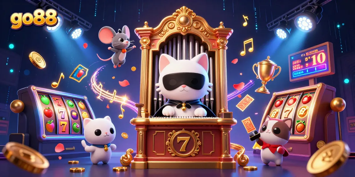Experience exciting slots at go88 with a charming white cat and mouse acrobat in a vibrant casino setting.