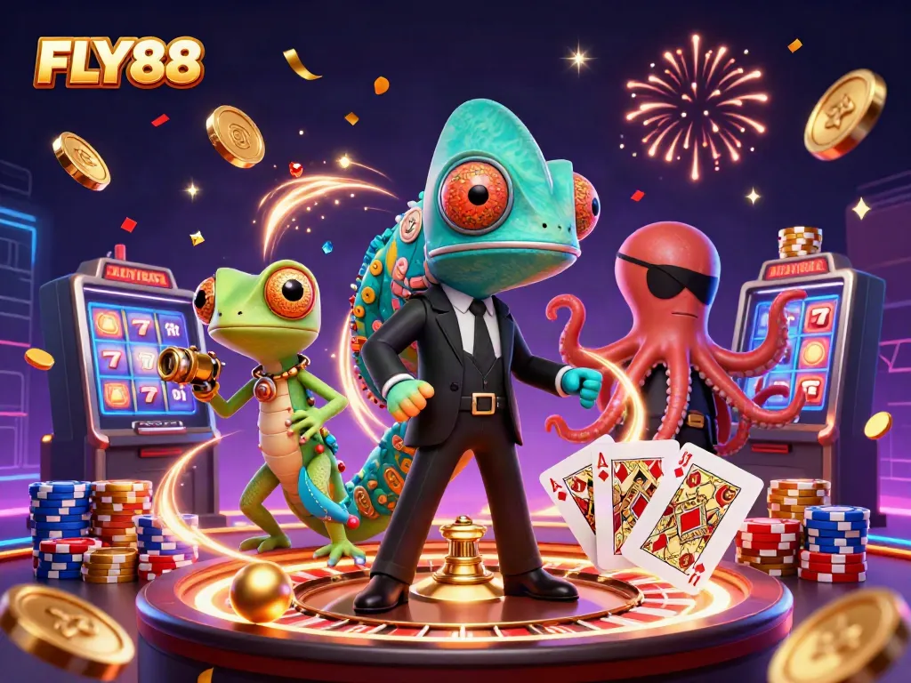 Engage with FLY88's vibrant casino scene featuring characters amidst dynamic gaming elements