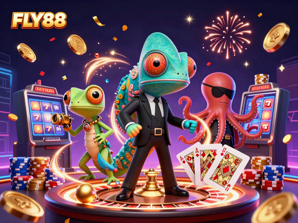 Engage with FLY88's vibrant casino scene featuring characters amidst dynamic gaming elements