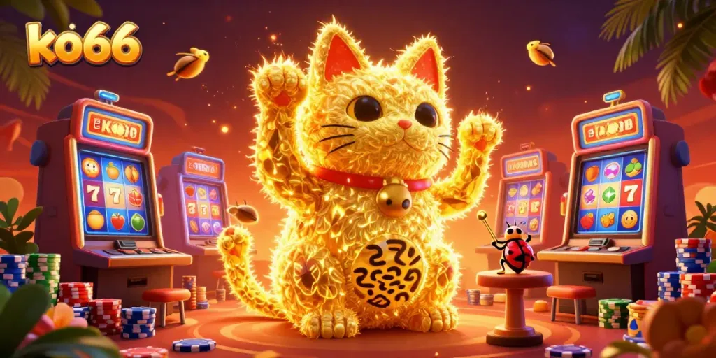 Engage with the captivating world of ko66 gaming, showcasing a vibrant scene with a lucky cat and dynamic casino symbols.