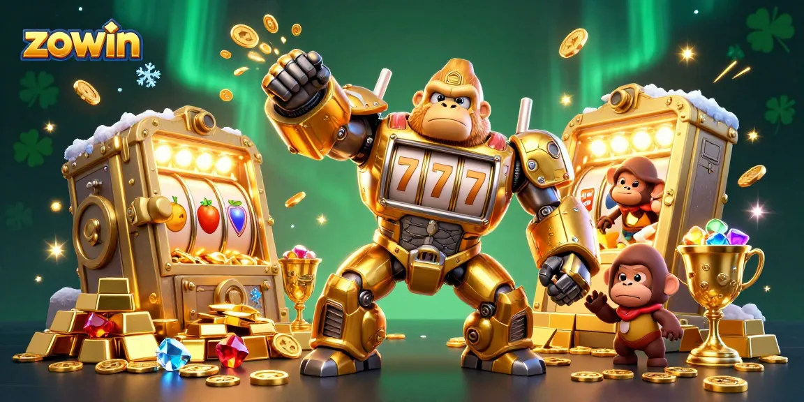 Zowin transforms luck into winning moments with a vibrant 3D casino scene filled with slot machines and treasures.