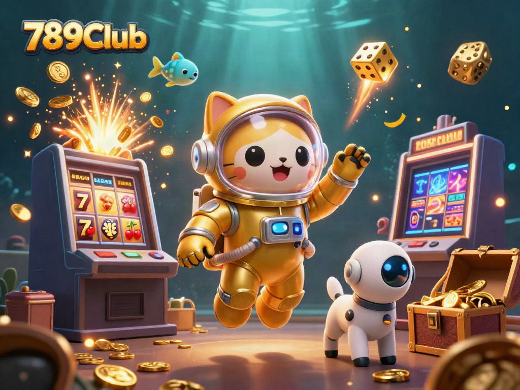 Engaging 789Club scene featuring a cartoon astronaut cat amid a jackpot explosion of coins and vibrant casino elements.