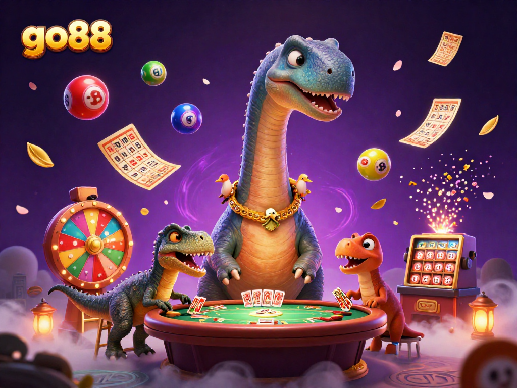 Experience thrilling gameplay at go88 with a vibrant casino scene featuring a tall brontosaurus and raptor dealers.
