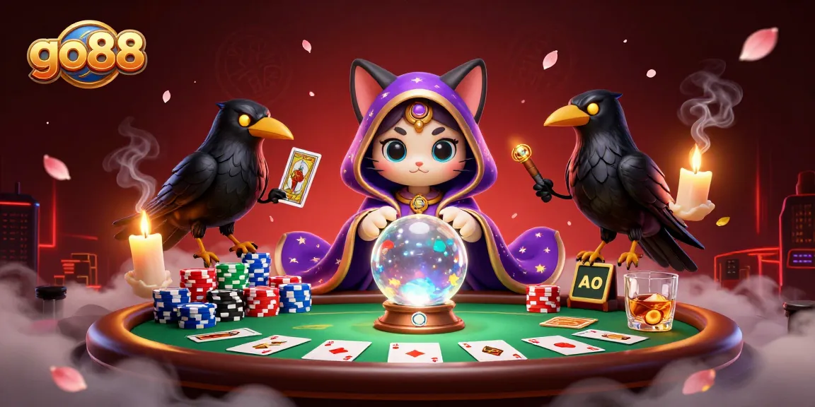 Engage with go88's exciting poker scene featuring a fortune teller cat and a raven dealer.
