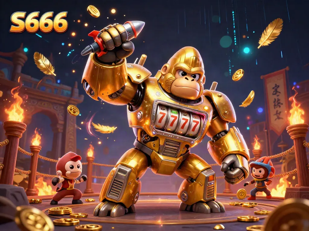 Engage with S666's vibrant casino adventures featuring a dynamic golden gorilla mech.