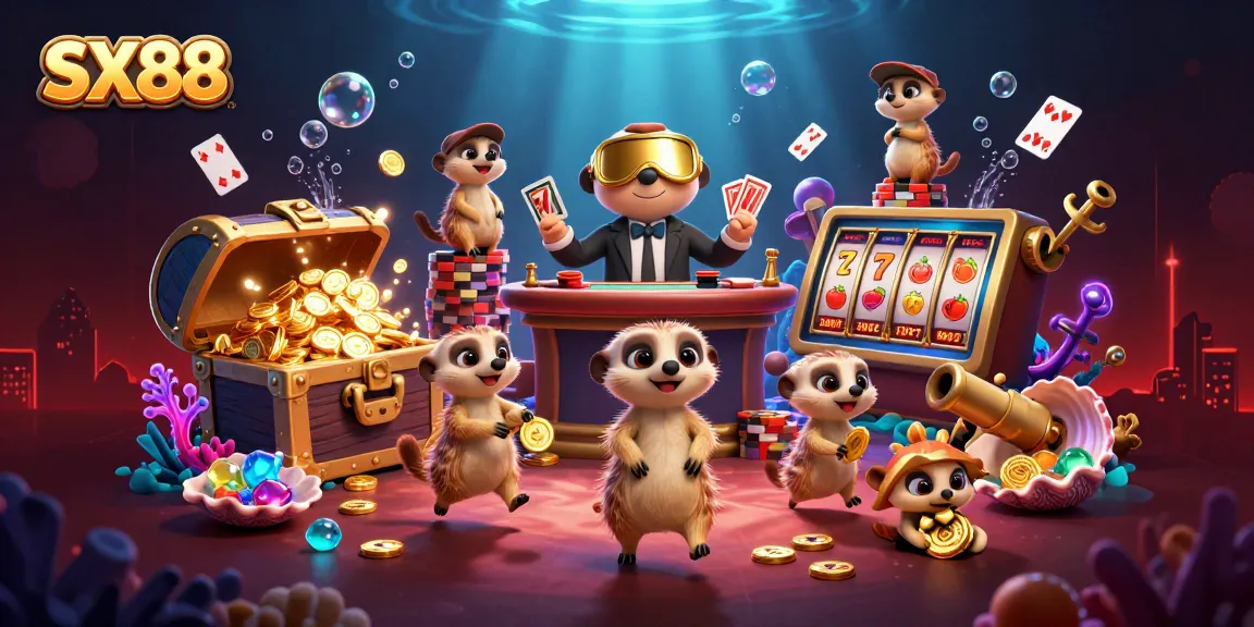 SX88 meerkats host a vibrant casino with gold coins, cards, and dynamic gaming elements.