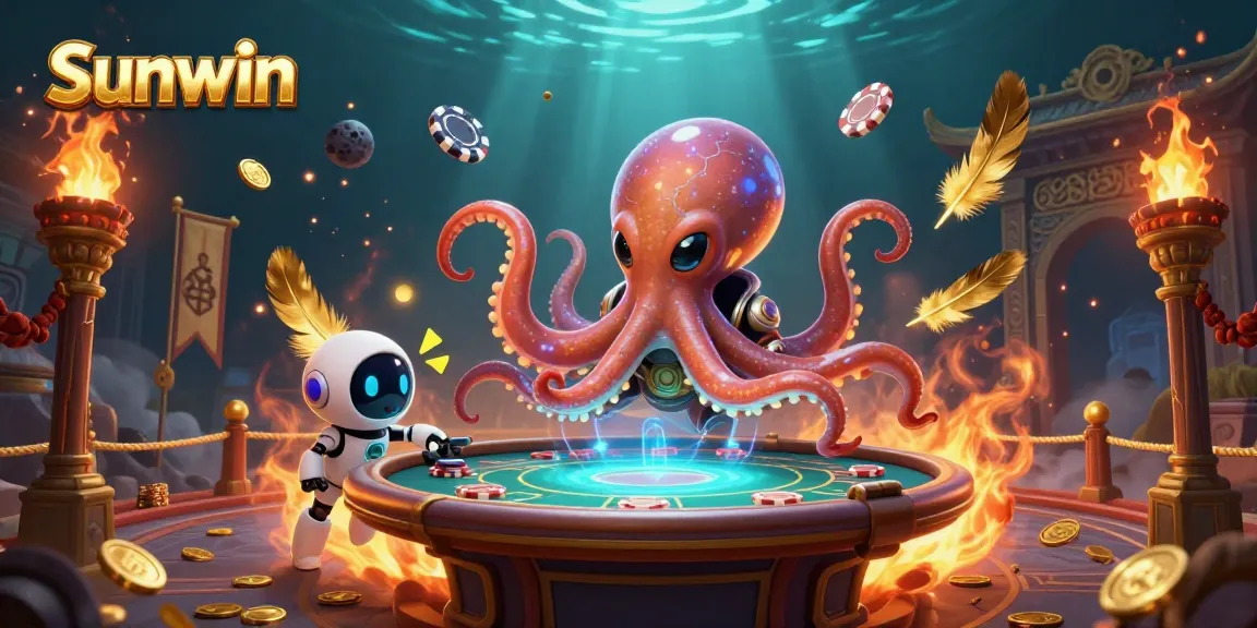 Engage with Sunwin at a vibrant alien casino featuring a lively octopus dealer managing poker games.
