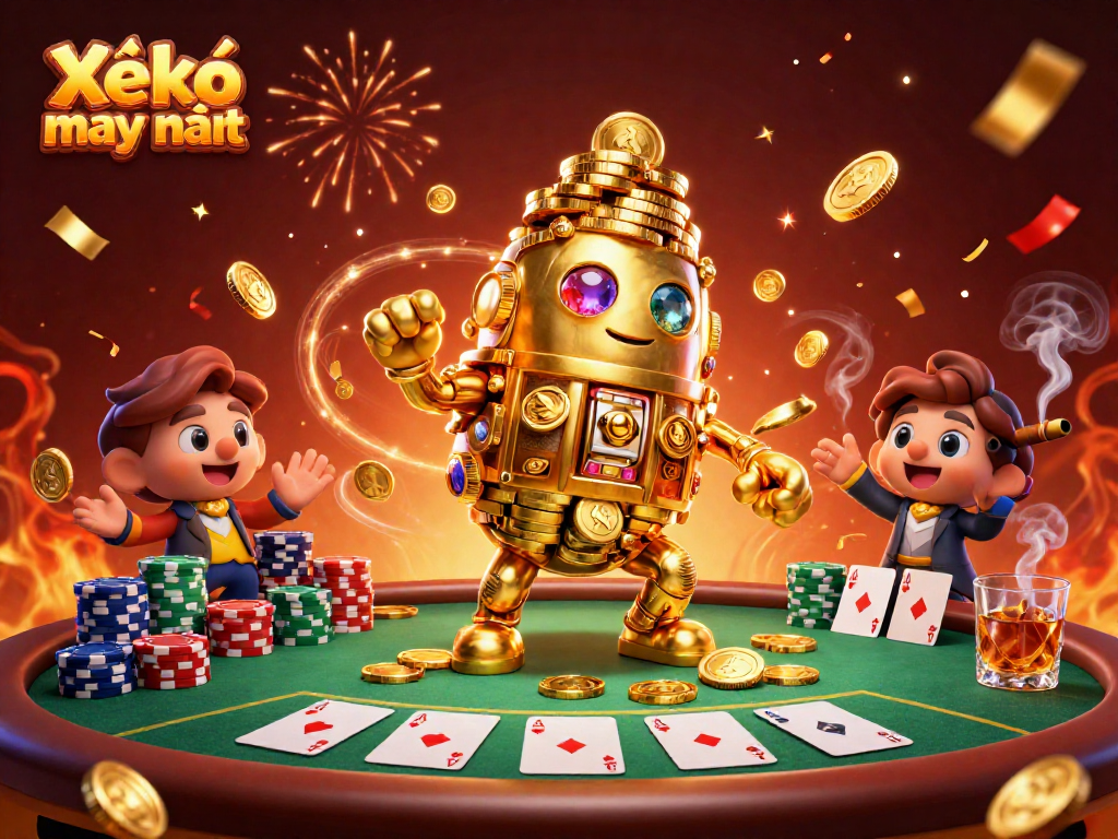 Experience the thrill of Xổ Số neko may mắn with an energetic gaming scene showcasing a golden golem and vibrant casino elements.