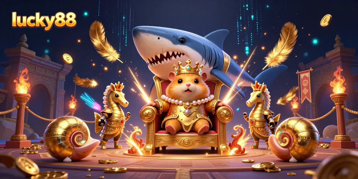 Experience thrilling gameplay in lucky88 with a fierce hamster king surrounded by royal seahorse guards.