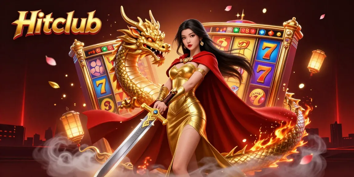 Hitclub promotes exciting gameplay with vibrant slot reels and golden dragons in a 3D fantasy scene.