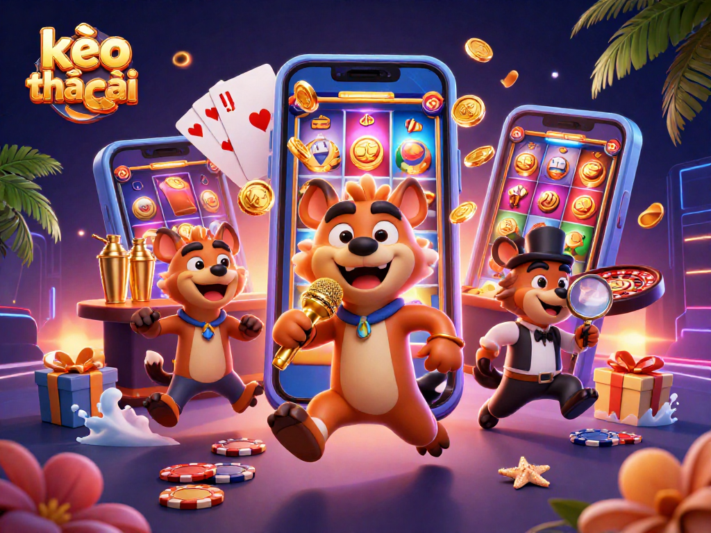 Engage with kèo nhà cái in a vibrant 3D casino scene with hyenas and exciting game elements.