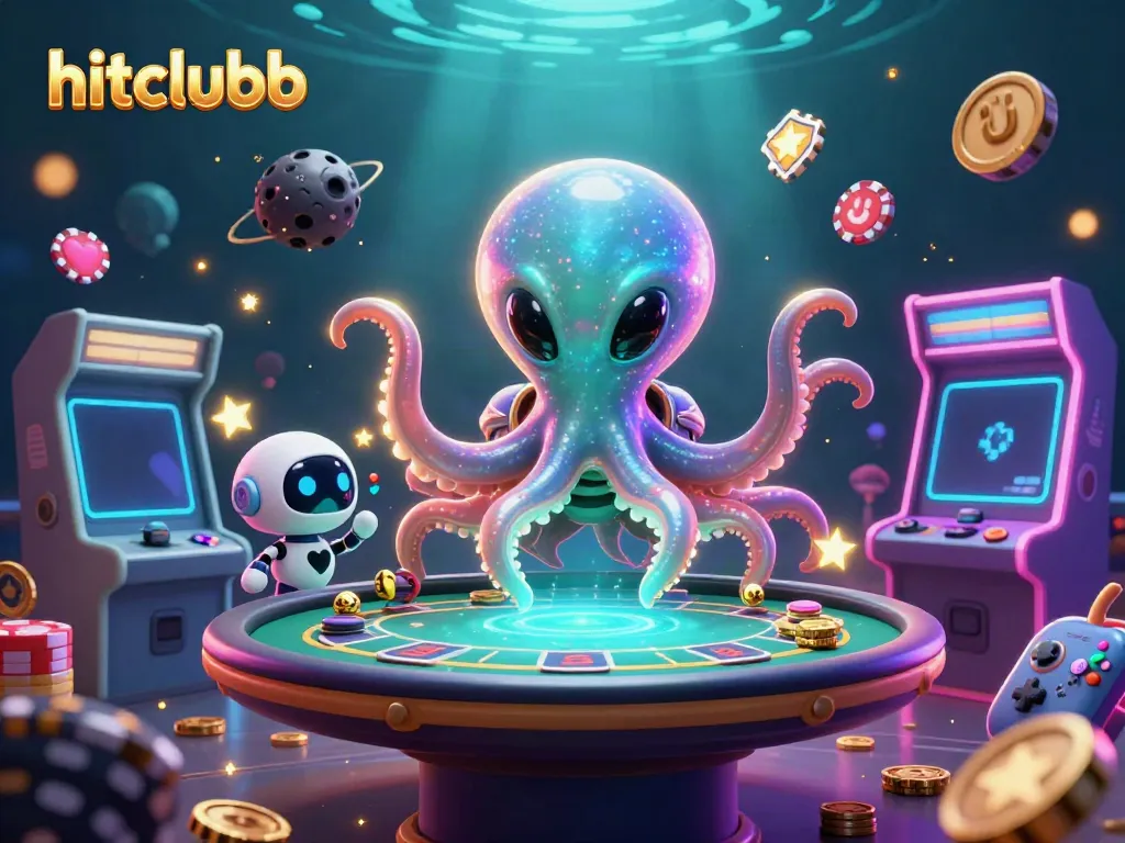 Experience thrilling gameplay with the hitclubb alien octopus at a dynamic poker table.