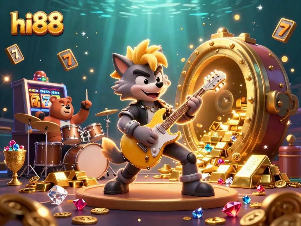 hi88 showcases thrilling slot machine action with a wolf rock star on a vibrant casino stage.