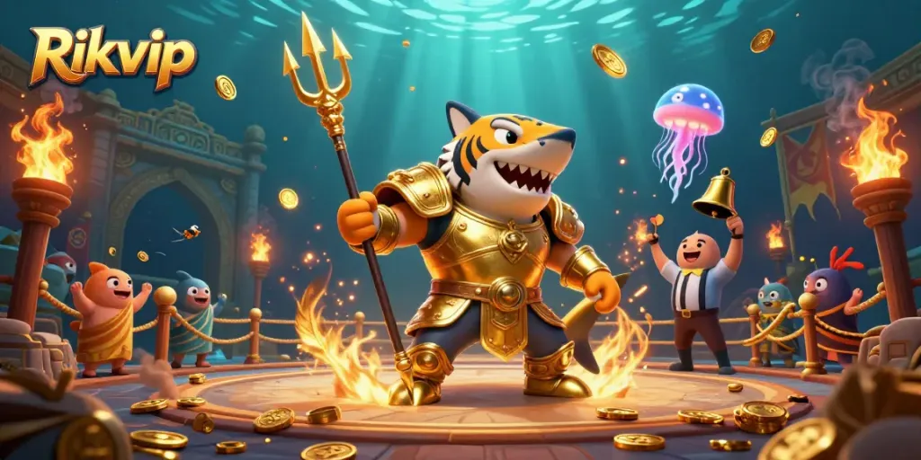 Engage in thrilling gameplay with Rikvip under the sea, featuring a golden gladiator shark in an underwater colosseum.
