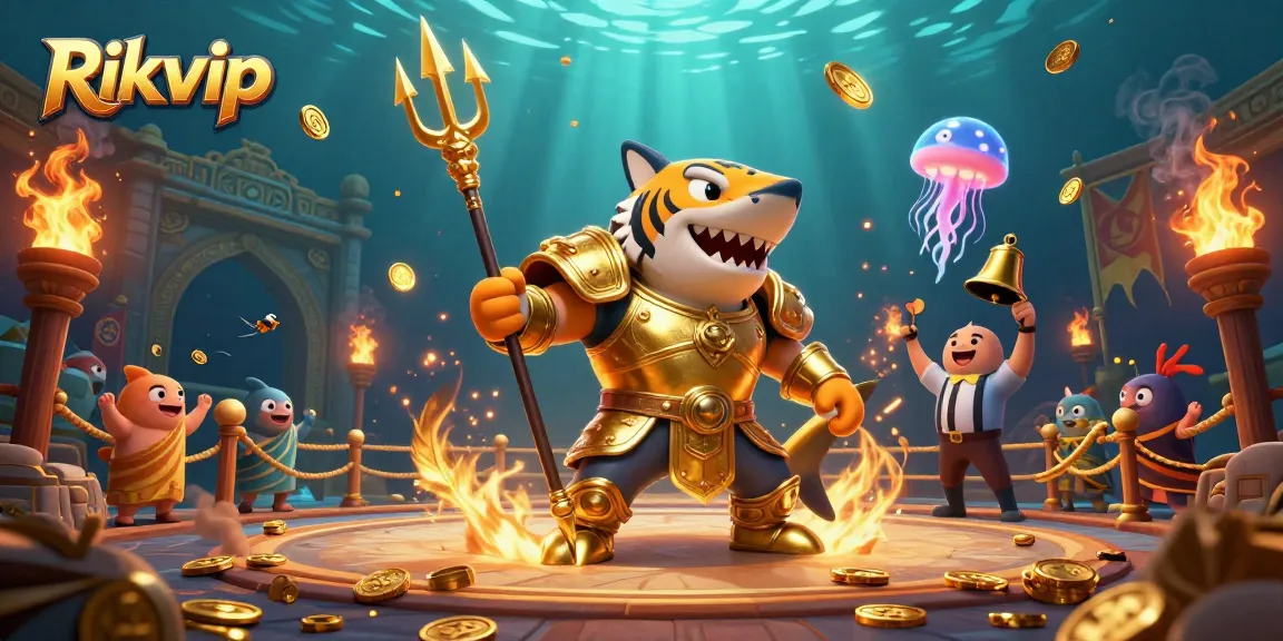 Engage in thrilling gameplay with Rikvip under the sea, featuring a golden gladiator shark in an underwater colosseum.